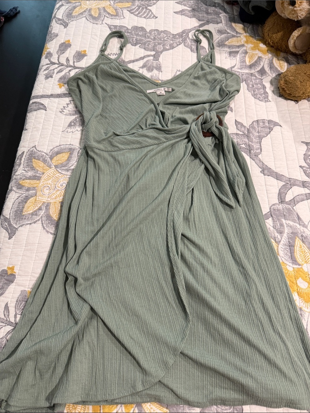 O'Neill Sage Green Ribbed Wrap Midi Dress with Tie